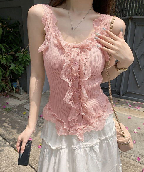 レースフリル ニットタンクトップ 韓国風 レディース レースドッキング ニットトップス 大人可愛い ノースリーブニットソー きれいめニットキャミソール インナー秋 84WANJIA-020